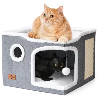 Imagem de Heerduos cama de gato para gatos internos, casa de caverna de gato coberta e móveis com almofada de arranhar, cabana de refúgio de gato dobrável condomínio de gato bonito com tapete lavável