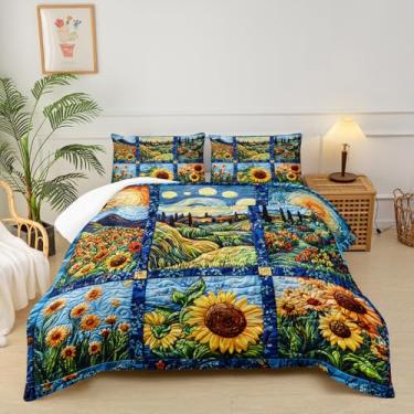 Imagem de lneffble Jogo de cama casal com girassol amarelo, girassol, casa de fazenda rústica, 1 edredom com 2 fronhas