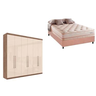 Imagem de Cama Box Casal + Colchão Scotland Herval + Guarda Roupa Imaginare 6.4 Castanha/Off White