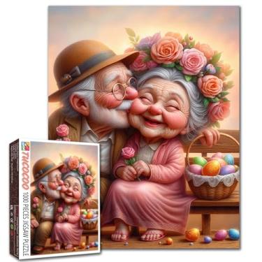 Imagem de Quebra-cabeça de casal de idosos – Quebra-cabeça romântico de 1000 peças para adultos com rosas, ovos de Páscoa, beijo doce, quebra-cabeças artesanais coloridos DIY decoração de casa presente