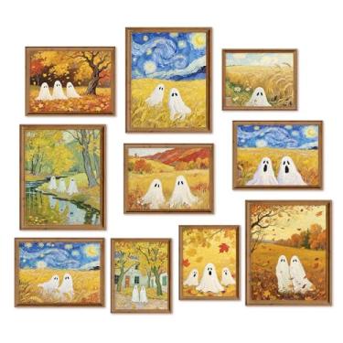 Imagem de Whaline 10 peças de impressões de arte de parede de Halloween fantasma Van Gogh céu estrelado pôster de arte abstrata pintura fantasma decoração de parede para galeria, sala de estar, quarto (sem
