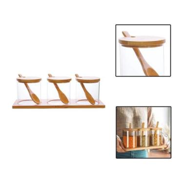 Imagem de 3 Porta Condimentos C/ Tampa Colher Suporte Base Bambu 320ml - Allmix