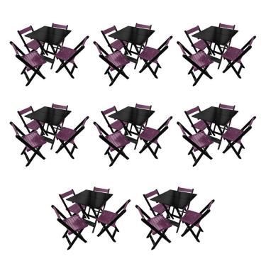 Imagem de Kit 8 Mesas de Madeira Dobrável Preto 70x70 com 4 Cadeiras Dobráveis Roxo