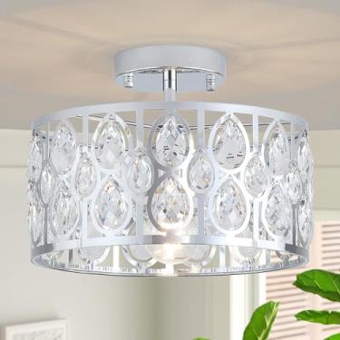 Imagem de Sheenkarion Luminária de teto de montagem semi-embutida cromada cristal, luminária de teto de fazenda moderna, luminárias de corredor redondo para cozinha, entrada, quarto, lavanderia, 1 luz, 30 cm