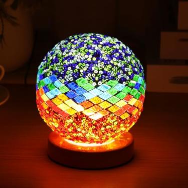 Imagem de DJAPWPX Lâmpadas de vidro de mosaico, candeeiros de mesa de vidro boêmio retrô, 3 luzes de bola de mosaico de vidro com escurecimento de cores, luzes noturnas de brilho ajustável, luminárias de mesa