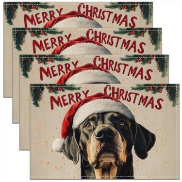 Imagem de Feelyou Jogo americano de cachorro de 30,5 x 45,7 cm, conjunto de 4 jogos americanos fofos de cachorro Rottweiler para mesa de jantar, uso interno e externo, chapéu de Papai Noel, tapetes de mesa de