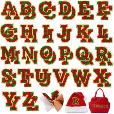 Imagem de Patches de letras de chenille FOGWOWO vermelhos e verdes para roupas