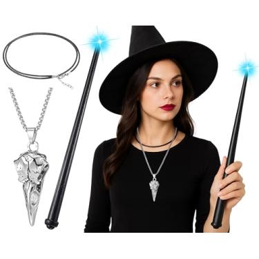 Imagem de Chicingyou Dark Evil Wizard Cosplay Costume Set Include Raven Bird Skull Pendant Necklace with Black Light up Wand for Women, Gothic Magical Jewelry Black Witch Wand for Halloween Costume