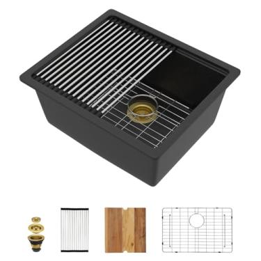 Imagem de Talllor 53 cm x 45 cm Undermount Wet Bar Sink Workstation - Quartzo composto de quartzo preto fosco clássico tigela única sob o balcão pequena preparação de cozinha Rv pia de cozinha #TLGU-129
