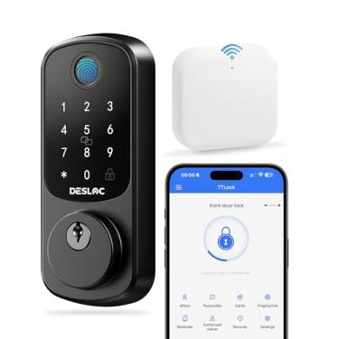 Imagem de DESLOC Fechadura inteligente B200 WiFi, fechadura de porta de entrada sem chave com impressão digital, controle remoto de aplicativo, fechaduras inteligentes para porta da frente, fechadura