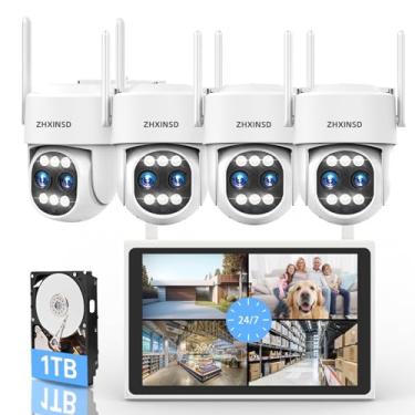 Imagem de ZHXINSD Sistema De Câmera De Segurança 4K Sem Fio, Lente Dupla, Zoom De 10X, Câmeras Ptz 2.4G/5G Para Segurança Residencial Externa, Rastreamento Automático, Monitor Nvr De 10" Pré-Instalado Com Hd