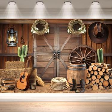 Imagem de Pano de fundo de caubói ocidental de 30,5 x 2,3 m, decoração no chão, decoração de celeiro rústico, fundo fotográfico de casa de celeiro de madeira para decoração de festa ocidental pano de fundo de