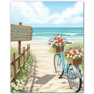 Imagem de ZUKIY Breeze Ride to the Shore - Pôster de praia costeira para banheiro, quarto, sala de estar - Impressão de bicicleta oceano em cores aqua e azul-petróleo - decoração de verão sem moldura 20 x 25 cm