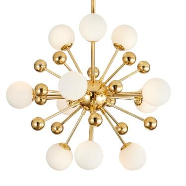Imagem de Lustre Modo Lighting Vintage Ball Sputnik com estrutura de latão, vidro branco fosco, moderno, semi-embutido, para sala de estar, sala de jantar (11 lâmpadas)