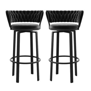 Imagem de Conjunto de 2 banquetas giratórias para bancadas de cozinha com encosto trançado, assento de veludo, pernas de metal preto, altura do assento 75 cm