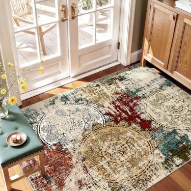 Imagem de Tapetes de área 3x4 para entrada: Tapete de piso interno lavável antiderrapante para pia de cozinha - Tapete pequeno abstrato resistente a manchas de pilha baixa para quarto, banheiro, decoração de