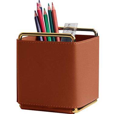 Imagem de Kelendle Porta-lápis de couro organizador de mesa arte de ferro pincel de maquiagem de mesa controle remoto caixa de armazenamento suporte de caneta de escritório para mesa marrom
