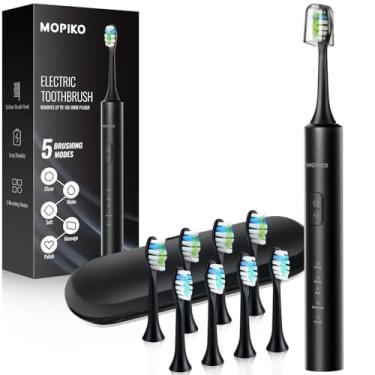 Imagem de MOPIKO Escova de dentes elétrica Sonic para adultos – 5 modos Power Sonic recarregável preta escova de dentes elétrica com 8 cabeças de escova
