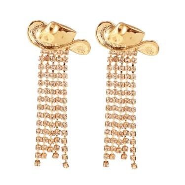 Imagem de Brincos Chapéu Cowgirl Ocidental, Liga Moda Dourados Brincos de Cowboy com Strass e Borlas para Mulher Acessórios de Joalharia Estilo Country e Boémio