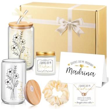 Imagem de Singhoow Conjunto de presente de pedido de padrinhos espanhóis Regalos para Madrina de Bautizo Will You Be My Godmother em espanhol com copos de vidro chaveiros cartões caixa de presente