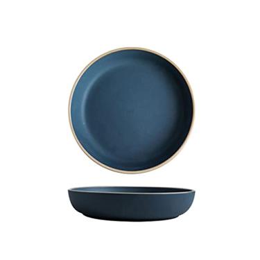 Imagem de Prato de serviço Pratos de jantar de cerâmica fosca elegantes pratos de sobremesa redondos para bife, salada, macarrão e lanche, forno de micro-ondas e pratos seguros para lava-louças (cor: azul