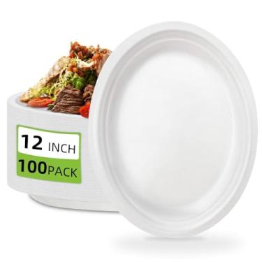 Imagem de 100 peças de pratos ovais compostáveis de 30 cm - Travessas de bagaço resistentes - pratos brancos biodegradáveis, travessas de jantar descartáveis ecológicas para churrasco, piquenique, casamento,