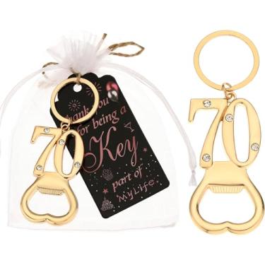 Imagem de 12 peças 70º chaveiro de ouro abridor de garrafas lembrancinhas de festa de 70 anos, 70 abridores de garrafas de cerveja lembranças de 70 aniversários presentes de devolução para convidados