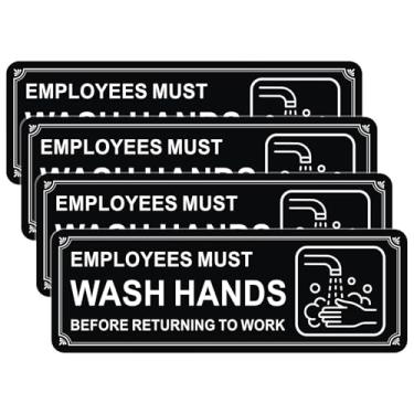 Imagem de Danoib Employees Must Wash Hands Sign, pacote com 4 placas autoadesivas de acrílico para lavagem das mãos de 22 x 7,6 cm com adesivo forte para restaurante, escritório, hotel, salões de beleza