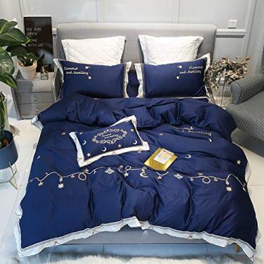 Imagem de Jogo de cama bordado Blue Stars Conjunto de capa de edredom para cama/lençol de cima fronhas 1 tamanho Queen 4 peças (Azul Queen Size 4 peças)