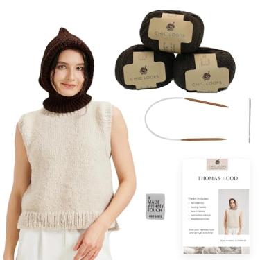 Imagem de Chic Loops Kit de tricô para iniciantes, cachecol com capuz de malha, kit de crochê para adultos, gorro balaclava macio e aconchegante para mulheres, esportes ao ar livre com instruções (chá queimado)