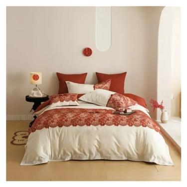 Imagem de EESCZVGBDX Jogo de lençol de cama de algodão de quatro peças de algodão de fibra longa renda casamento capa de edredom princesa conjunto de cama para todas as estações