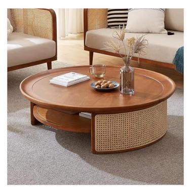 Imagem de Mesa de canto retrô mesa de centro redonda mesa lateral de madeira meados do século moderno mesa de cabeceira de vime para sala de estar mesa de destaque compacta