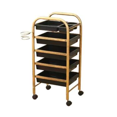 Imagem de Carrinho de barbeiro com trava com mesa de trabalho, gaveta e suporte para secadora – Carrinho portátil para penteados com 4 rodízios para salão de beleza e organização de spa
