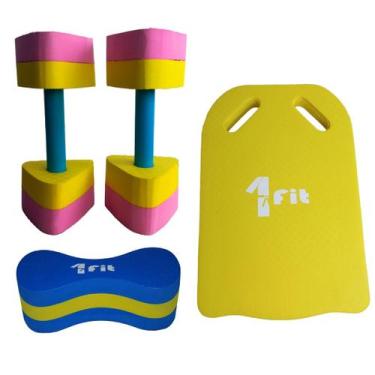 Imagem de Par de Halter Hidro P Rosa/Amarelo + Poliboia + Prancha de Natação Cor