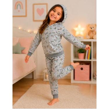 Imagem de Pijama Infantil Feminino de Inverno com Capuz e Bolso Menina Suede com