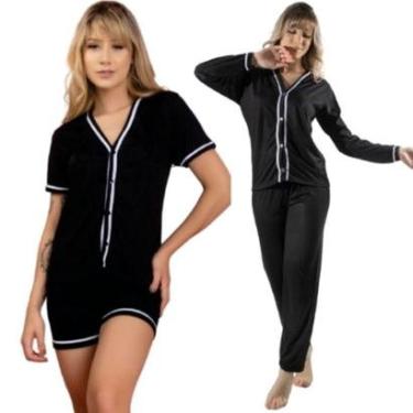 Imagem de Combo Pijamas Americanos Bloqueira Curto e Longo Bella Fiore Inverno Aberto Botão Linha Noite-Feminino