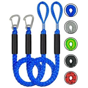 Imagem de 2 peças de linhas de doca de barco elástico com clipe de aço inoxidável 316 cordas de amarração acessórios de barco Linha de ancoragem para barcos, para-lama, pontão, barco a motor (azul, 1,2 m)