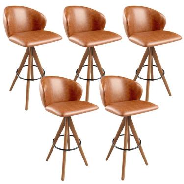 Imagem de Kit 05 Banquetas Alta Mia L02 Assento em Linho Base Madeira com Encosto Fixo Caramelo p...