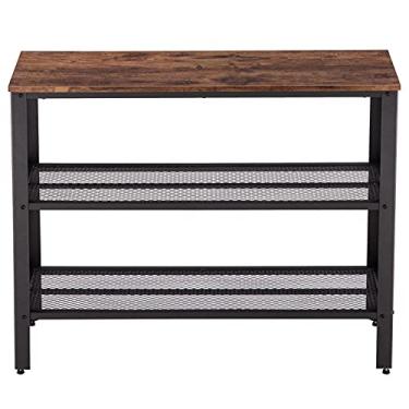 Imagem de (101,5 x 35 x 80 cm) Mesa de canto de mesa lateral estilo industrial mesa de varanda cruzada de três camadas rede de ferro de duas camadas cor nogueira preta