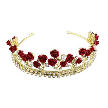 Imagem de Headwear Elegante Vintage Coroa de Liga de Casamento Joias de Casamento Rosa Vermelha Acessórios de Cabelo Strass Diadema (vermelho)