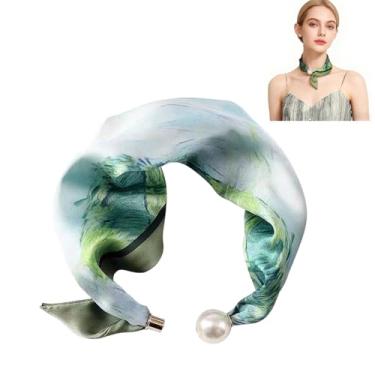 Imagem de MIUPOO Lenço de pérola magnética, lenços de cetim para mulheres, cachecol com estampa clássica, gravata elegante, cachecóis de bandanas de cabelo, 1 peça., Verde, 1 Count (Pack of 1)