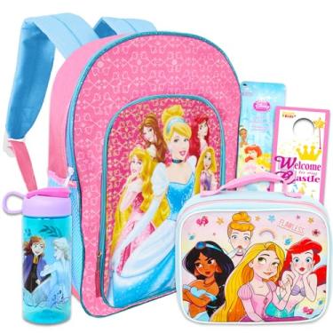 Imagem de Disney Conjunto de mochila e lancheira de princesa para meninas – Pacote com bolsa escolar de princesa, lancheira, adesivos e garrafa de água para crianças (material escolar de princesa), mochila de