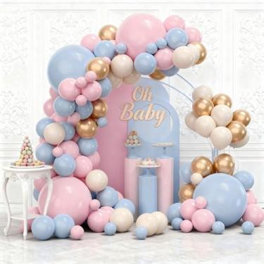 Imagem de Kit de arco de balão revelador de gênero, 144 peças, balões rosa empoeirados e azuis, balões brancos de areia dourada cromada para revelação de gênero, boho, despedida de solteira, aniversário, chá de