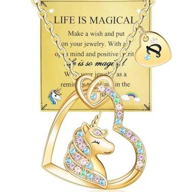 Imagem de Afcrho Colar de unicórnio para presente, pingente de coração colorido, colar de unicórnio, joias, presente de aniversário, unicórnios, presente D, inicial de coração, unicórnios, joias