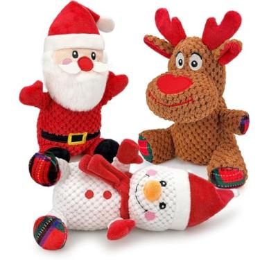 Imagem de BBeary Conjunto de brinquedos de Natal para cães – Pacote com 3 brinquedos duráveis para cães pequenos, médios e grandes, Papai Noel de pelúcia macia, presente de rena e boneco de neve para animais de