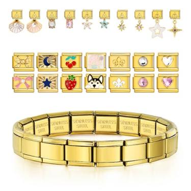 Imagem de Gorgieousy Pulseira italiana personalizada - 10 pingentes personalizados e pulseira modular, elo flexível com ferramenta de montagem, aço inoxidável, ouro, faça você mesmo, One Size, Aço inoxidável