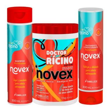 Imagem de Kit Novex Ricino Doctor Fortificante Creme Tratamento 1Kg Shampoo 300M