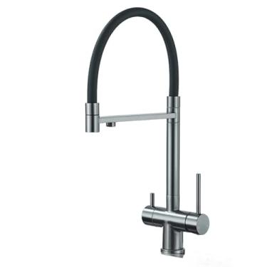 Imagem de Torneira de cozinha com água purificada, alça dupla, torneira montada no deck, misturador de água filtrada, rotação 360, misturadores de tubos flexíveis, arma cinza