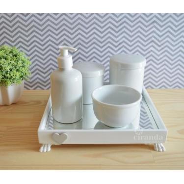 Imagem de Kit Higiene Bebê K037 Porcelanas Moderno Bandeja MDF Espelho Potes Cor