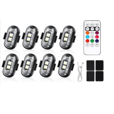 Imagem de Luzes LED sem fio para carro, 8 peças, com controle remoto, luzes estroboscópicas LED sem fio, 8 cores, carregamento USB, IP65, à prova d'água, anticolisão para carro, motocicleta, drone, avião,